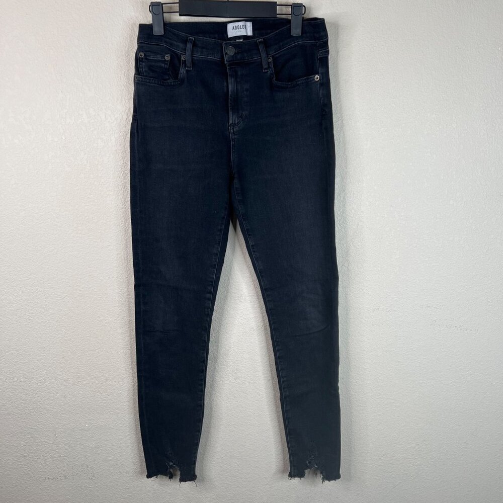 AGOLDE Womens High-Rise Skinny Jeans In Washed Black With Frayed Hem Size 29 Mad